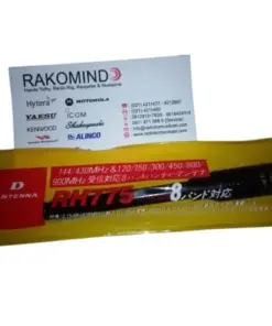 Yellow RH775 antenna packaging with a red label placed beside a Rakomind business card featuring logos.