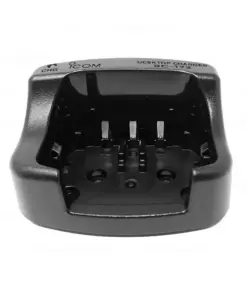 Black desktop battery charger with two battery slots and metal contacts on a white background.