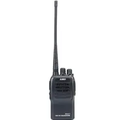 Black handheld VHF FM transceiver (walkie-talkie) with long antenna and two top knobs, Alinco DJ-A11 model visible on the body