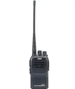 Black handheld VHF FM transceiver (walkie-talkie) with long antenna and two top knobs, Alinco DJ-A11 model visible on the body