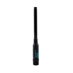 Pen-shaped black flashlight with a knurled grip and blue label near the base, extended beam at the top (informative image).