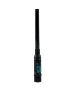 Pen-shaped black flashlight with a knurled grip and blue label near the base, extended beam at the top (informative image).