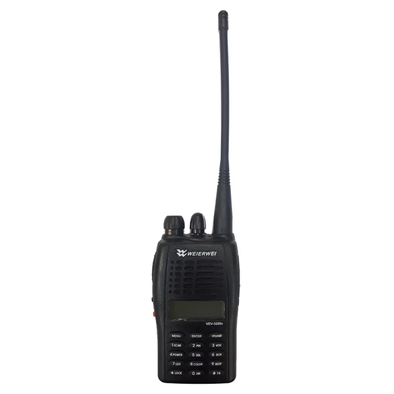 Handy talky Weierwei VEV-3288S berwarna hitam dengan layar, keypad, dan antena