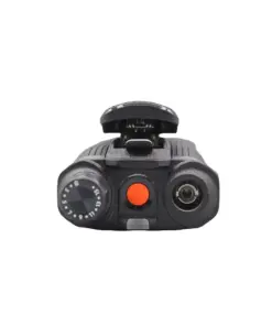 Compact red dot sight with adjustment dial on the left, orange power button in the center, and lens on the right for aiming