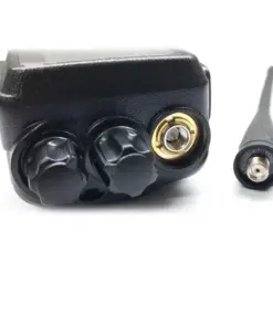 Close-up of a black two-way radio microphone base with two knobs and a gold connector, plus a detachable plug-in cable.