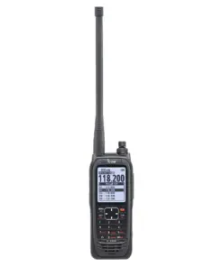 Two-way handheld radio with a tall antenna and a numeric keypad, display showing frequency 118.200 MHz.