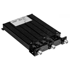 Black rugged RF power amplifier module with cooling fins and three front-panel circular connectors (N-type) for RF input/output.