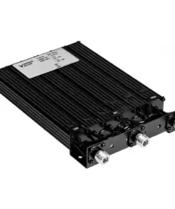 Black rugged RF power amplifier module with cooling fins and three front-panel circular connectors (N-type) for RF input/output.