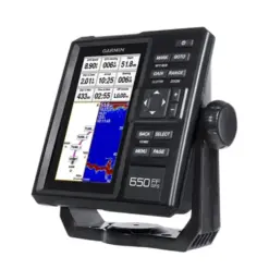 Perangkat navigasi Garmin 650 GPS dengan layar berwarna yang dimiringkan, menampilkan peta dan panel data.