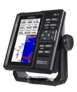 Perangkat navigasi Garmin 650 GPS dengan layar berwarna yang dimiringkan, menampilkan peta dan panel data.