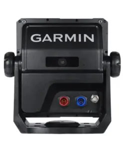 Bagian belakang Garmin Garmin FF 650 GPS di braket yang kokoh memperlihatkan port melingkar berwarna merah dan biru di bagian bawah serta sebuah jendela sensor kecil.