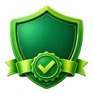 Glossy green shield emblem with a gold ribbon and a green checkmark badge, signaling verification or security.