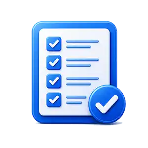 Blue checklist icon with four checked boxes and a circular checkmark badge indicating completion