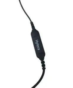 Black wired earpiece with an inline control module labeled Hytera/made by Hytera.