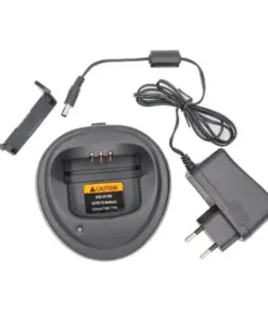 Circular battery charging cradle with wall adapter and slot for rechargeable battery