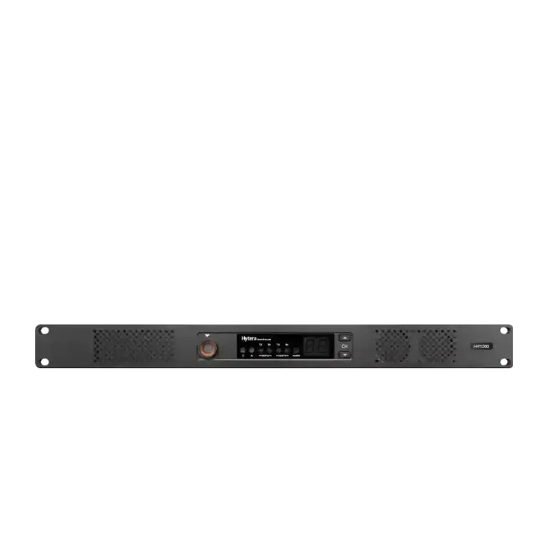 Rack-mounted Hytera two-way radio transceiver with central display and control knobs on the front panel.