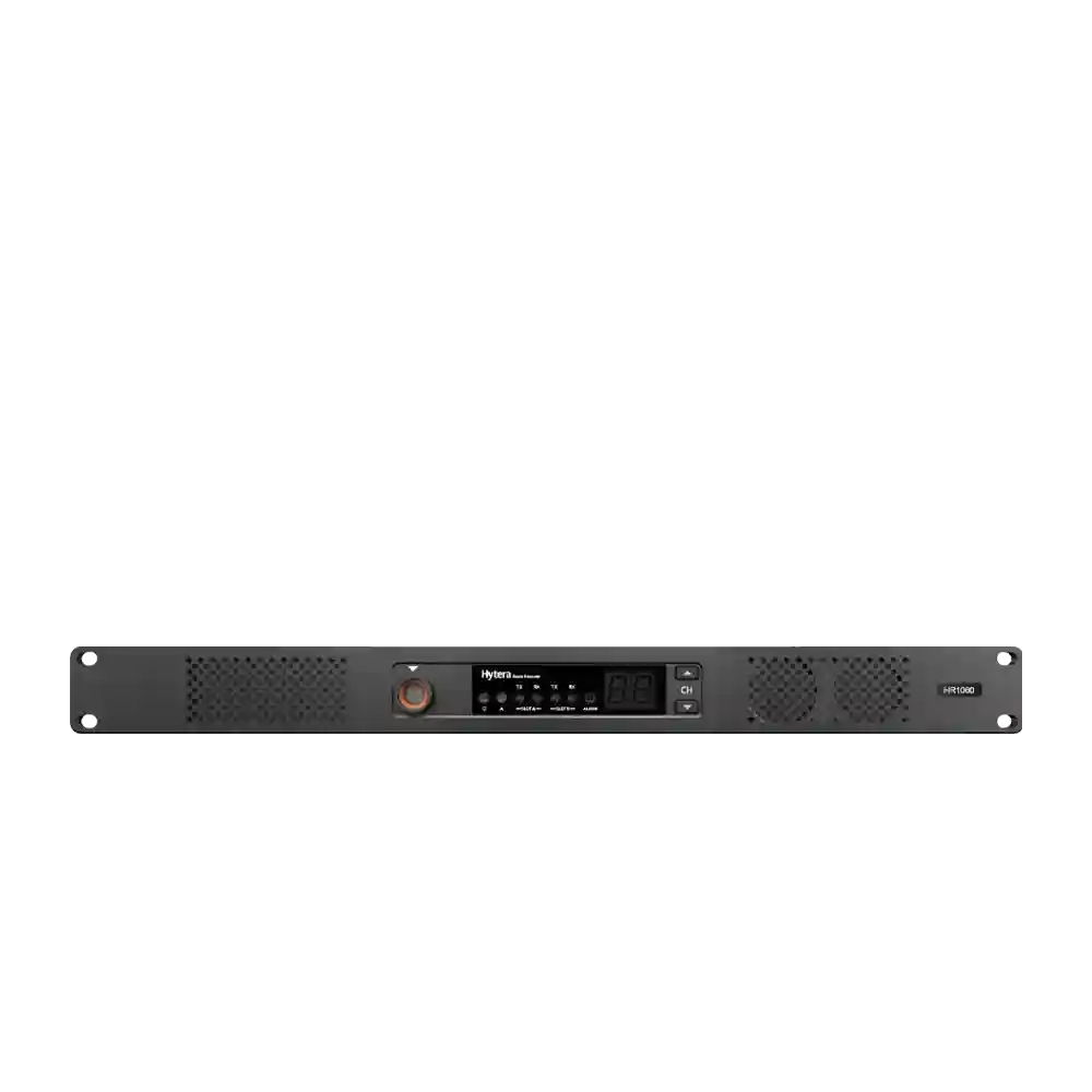 Rack-mounted Hytera two-way radio transceiver with central display and control knobs on the front panel.