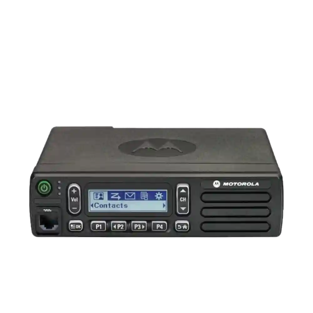 Motorola two-way radio with LCD display showing Contacts on the screen