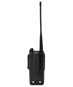 Back view of a black handheld radio (walkie-talkie) with a long antenna, belt clip, and small status lights at the bottom edge.