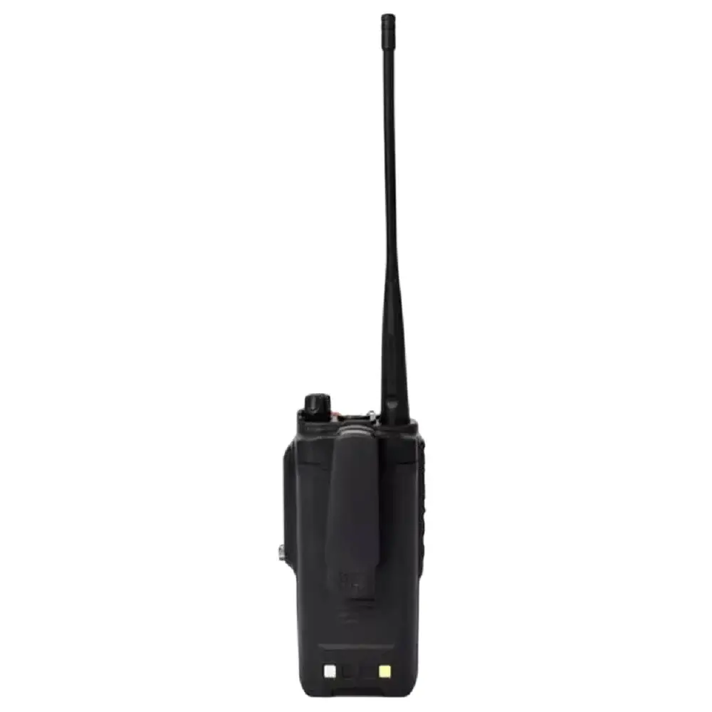 Baofeng BF-A58 | Rakomindo Back view of a black handheld radio (walkie-talkie) with a long antenna, belt clip, and small status lights at the bottom edge.