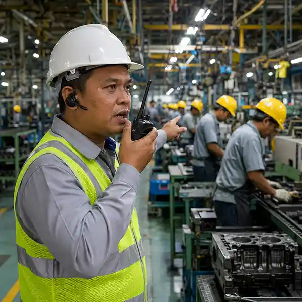 Supervisor berhelm dan berompi keselamatan berbicara lewat handy talky di lini produksi, dengan operator bekerja di belakangnya