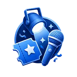 Blue microphone with a star badge and ticket icon, symbolizing karaoke or live performance.