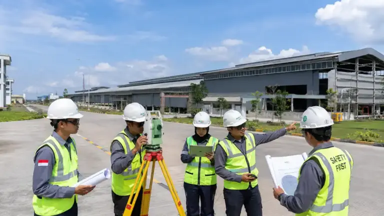 Five construction workers in safety vests and white hard hats gather around a tripod surveying instrument on a site, with a large building under construction in the background.