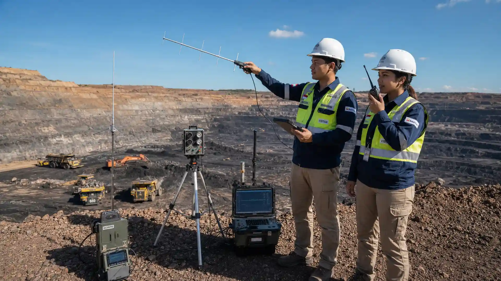 Two mining workers in hard hats and high-visibility vests set up surveying equipment at an open-pit mine, using an antenna and portable instruments.