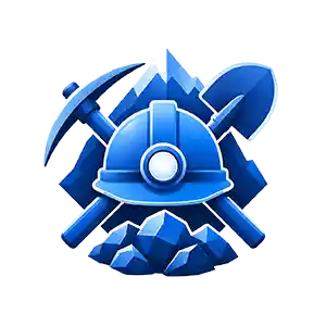 Blue mining emblem featuring a hard hat with a circular light, crossed pickaxes behind it, and jagged rocks beneath.