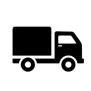 Black cargo truck icon with a covered trailer facing right