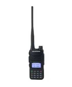 Baofeng handheld two-way radio with a long antenna and small display