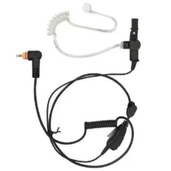 Wired two-way radio headset with an earbud, coiled cord, and push-to-talk clip microphone