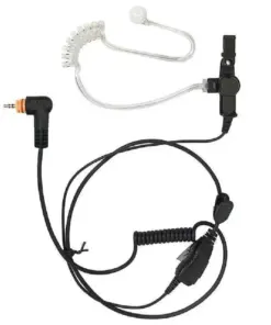 Wired two-way radio headset with an earbud, coiled cord, and push-to-talk clip microphone