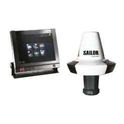 Marine display panel beside a Sailor Cobham satellite antenna on a pedestal, for marine communications navigation panel