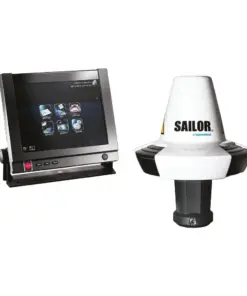 Marine display panel beside a Sailor Cobham satellite antenna on a pedestal, for marine communications navigation panel