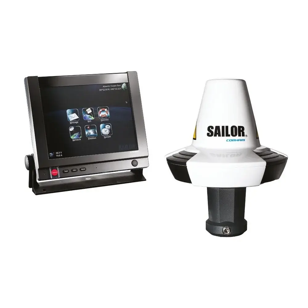Sailor 6110 Mini-C | Rakomindo Marine display panel beside a Sailor Cobham satellite antenna on a pedestal, for marine communications navigation panel