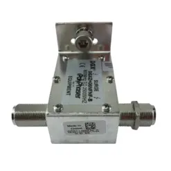 Metal RF surge protector module with two coaxial connectors on ends and a top mounting bracket; used to protect RF equipment from surges.