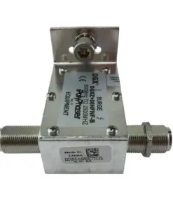 Metal RF surge protector module with two coaxial connectors on ends and a top mounting bracket; used to protect RF equipment from surges.