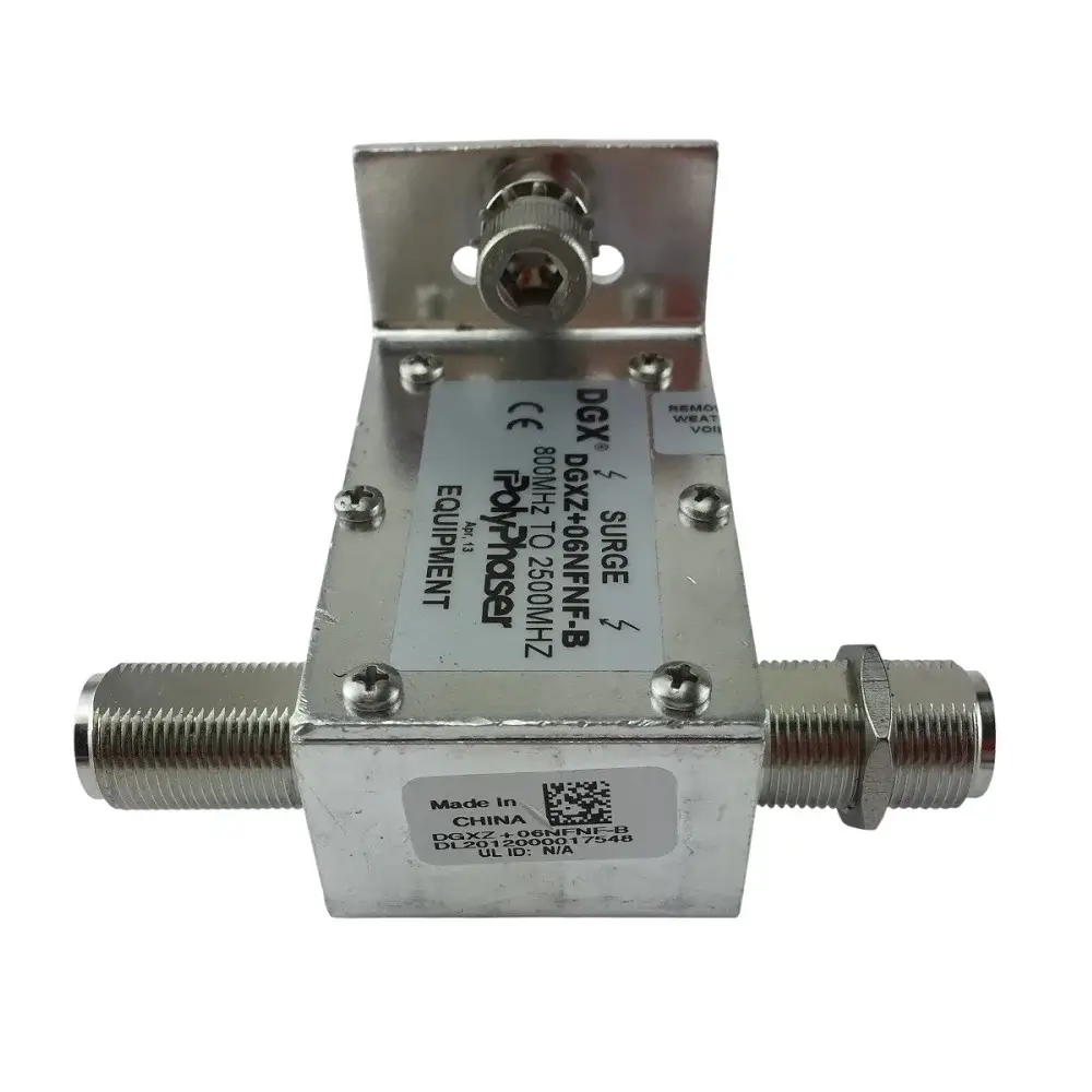 Polyphaser DGXZ+06NFNF-B | Rakomindo Metal RF surge protector module with two coaxial connectors on ends and a top mounting bracket; used to protect RF equipment from surges.