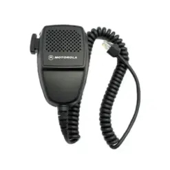 Motorola remote speaker microphone with a perforated grill, push-to-talk button, and a curly coiled cord.