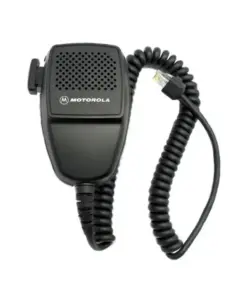 Motorola remote speaker microphone with a perforated grill, push-to-talk button, and a curly coiled cord.