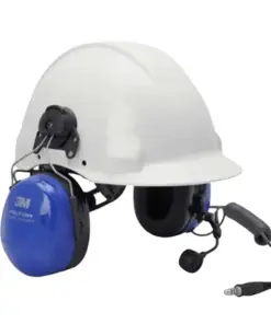 Hard hat with blue earmuff speakers and a headset mic for industrial safety (PPE)