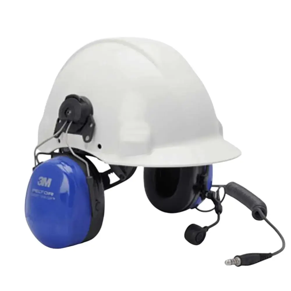 Motorola PMLN6333 | Rakomindo Hard hat with blue earmuff speakers and a headset mic for industrial safety (PPE)