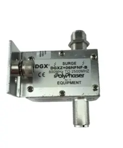 RF surge protector module labeled DGXZ+06NFNF-B for 800–2500 MHz, metal enclosure with two coaxial N-type connectors and mounting hardware