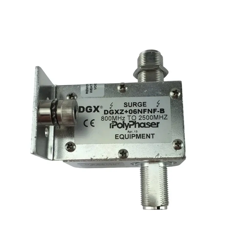 Polyphaser DGXZ+06NFNF-B | Rakomindo RF surge protector module labeled DGXZ+06NFNF-B for 800–2500 MHz, metal enclosure with two coaxial N-type connectors and mounting hardware