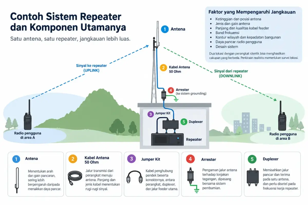 Diagram sistem repeater radio komunikasi dan komponen pendukung